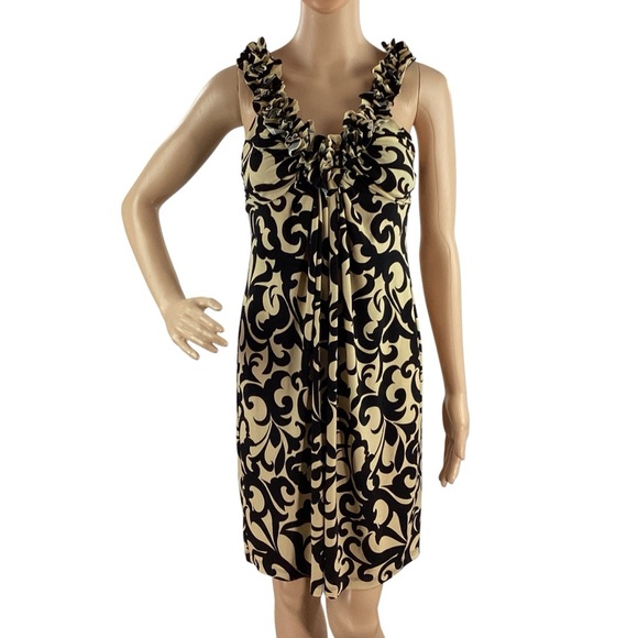 En Focus Studio Black Beige Scroll Print Ruffle Mini Dress Size 4 - Picture 1 of 7